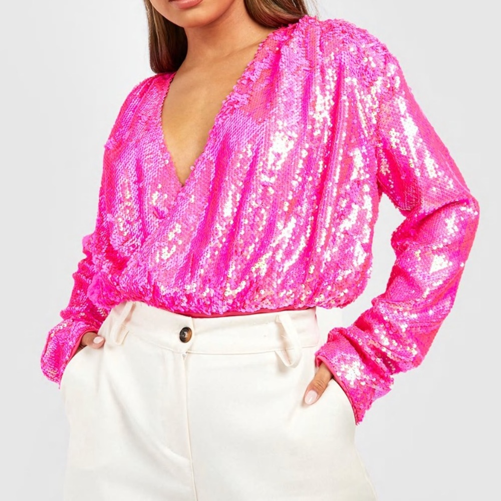 Pink Sequin Bodysuit Top
